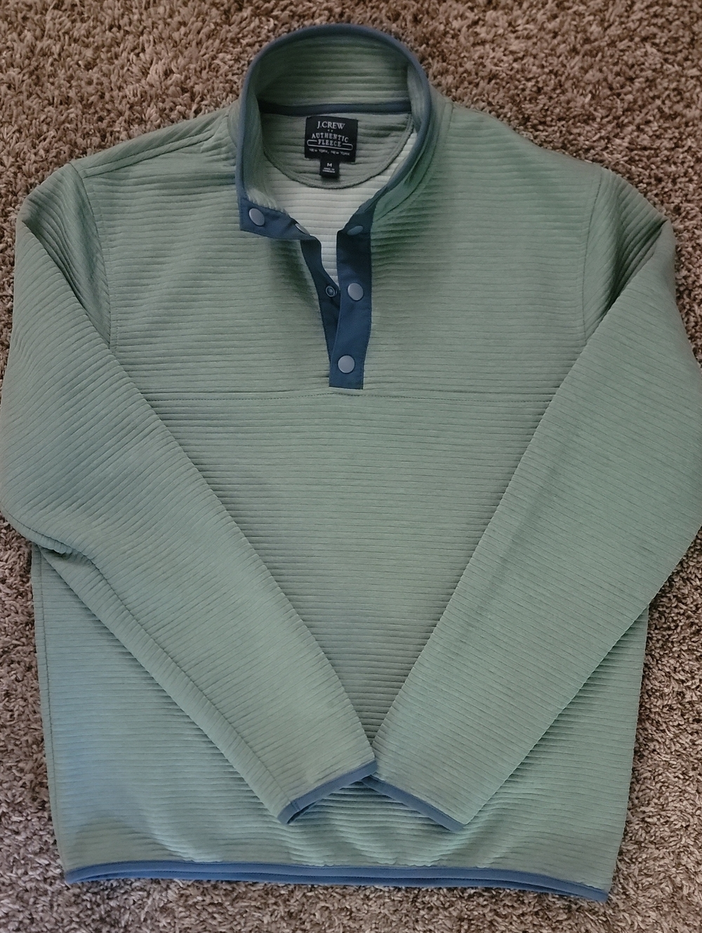 J Crew Authentic Fleece Mens Size Medium Green Ribbed Snap Button Pullover
